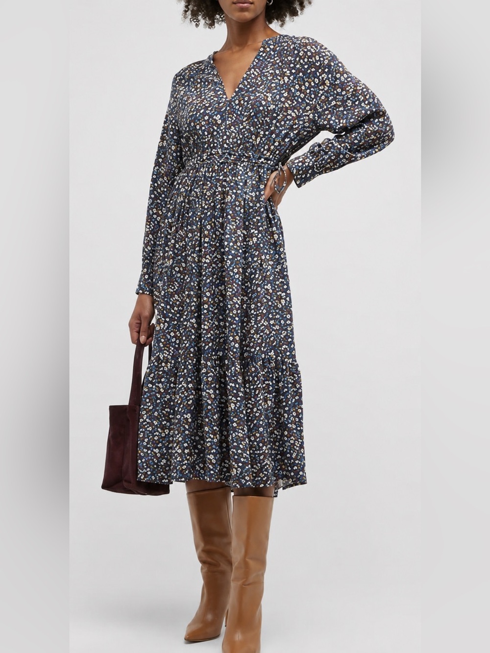 Rails Blue Ditsy Floral Midi Dress XS Tie Waist Boho Cottagecore Year Round Dres